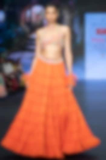 Orange Raw Silk & Soft Net Tiered Skirt Set by Anu Pellakuru at Pernia's Pop Up Shop