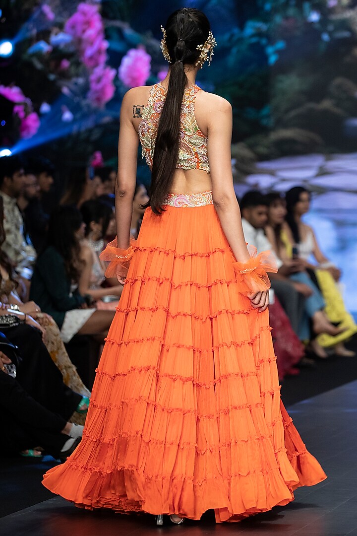 Orange Raw Silk & Soft Net Tiered Skirt Set by Anu Pellakuru at Pernia's Pop Up Shop