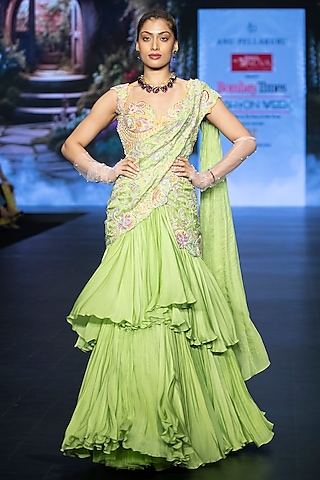 Lime Green Raw Silk Glass Bead Hand Embroidered Half Saree Set by Anu Pellakuru