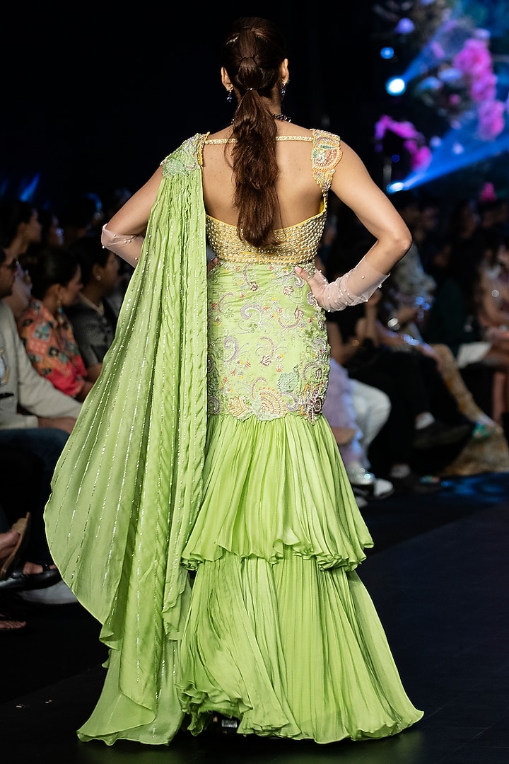 Lime Green Raw Silk Glass Bead Hand Embroidered Half Reception Saree Set by Anu Pellakuru at Pernia's Pop Up Shop