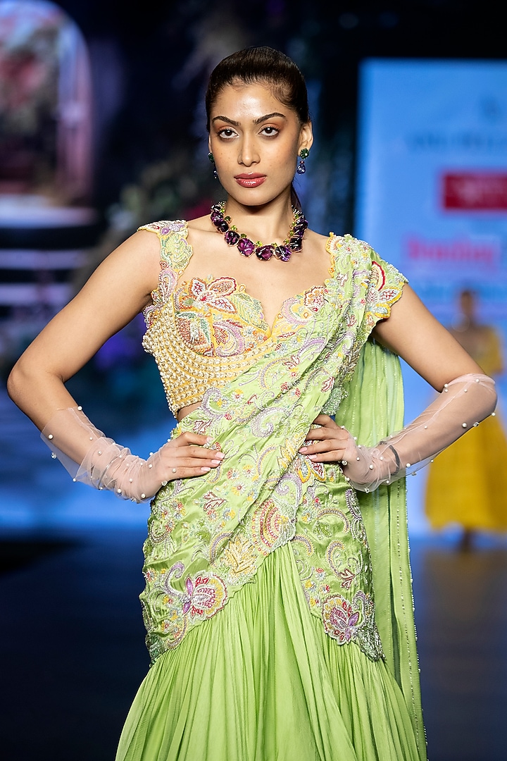 Lime Green Raw Silk Glass Bead Hand Embroidered Half Reception Saree Set by Anu Pellakuru at Pernia's Pop Up Shop