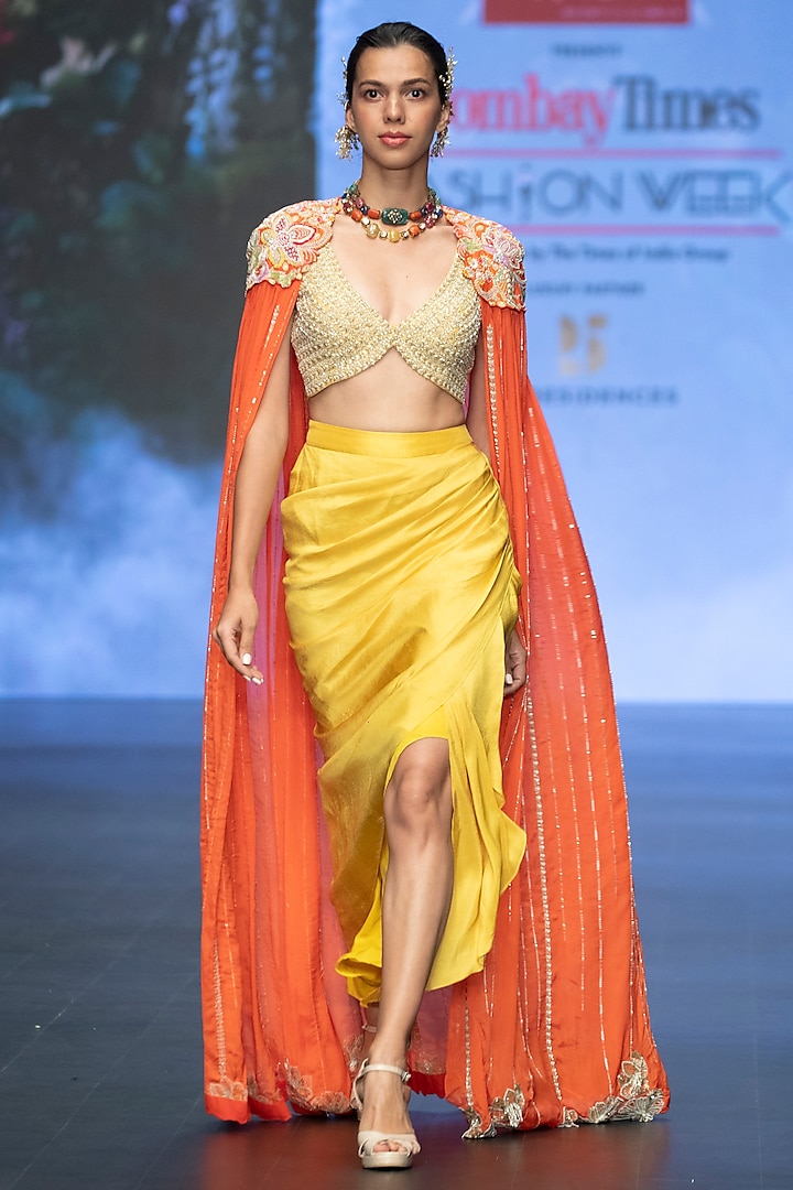 Orange Raw Silk Resham & Floral Hand Embroidered Cape Set by Anu Pellakuru at Pernia's Pop Up Shop