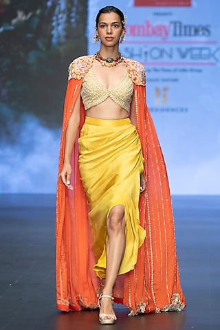 Orange Raw Silk Resham & Floral Hand Embroidered Cape Set by Anu Pellakuru
