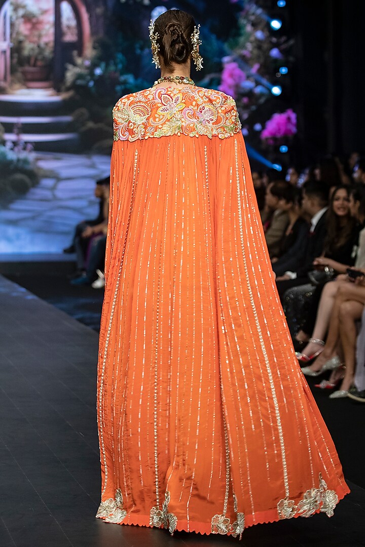 Orange Raw Silk Resham & Floral Hand Embroidered Cape Set by Anu Pellakuru at Pernia's Pop Up Shop