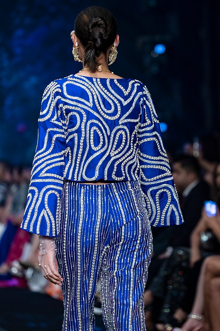 Royal Blue Raw Silk Hand Embroidered Jacket Set by Anu Pellakuru at Pernia's Pop Up Shop