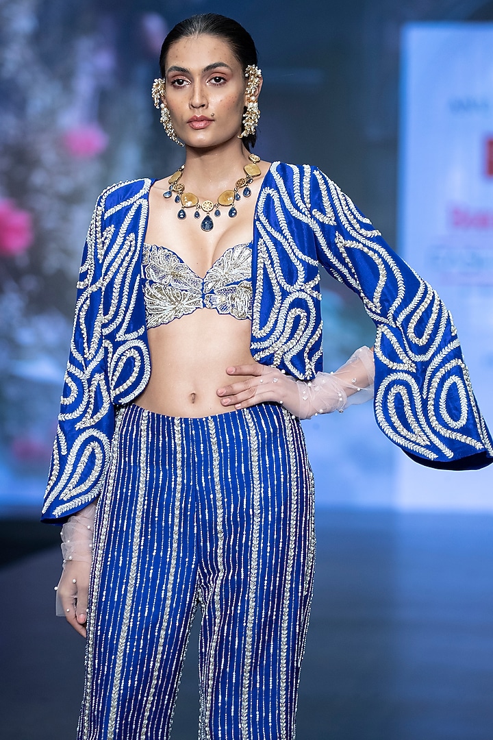 Royal Blue Raw Silk Hand Embroidered Jacket Set by Anu Pellakuru at Pernia's Pop Up Shop
