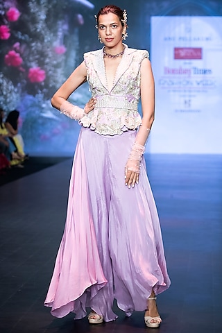 Lavender Raw Silk Floral Embroidered Jacket Set by Anu Pellakuru