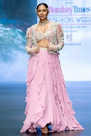 Mauve Pink Raw Silk & Georgette Ruffled Skirt Set by Anu Pellakuru