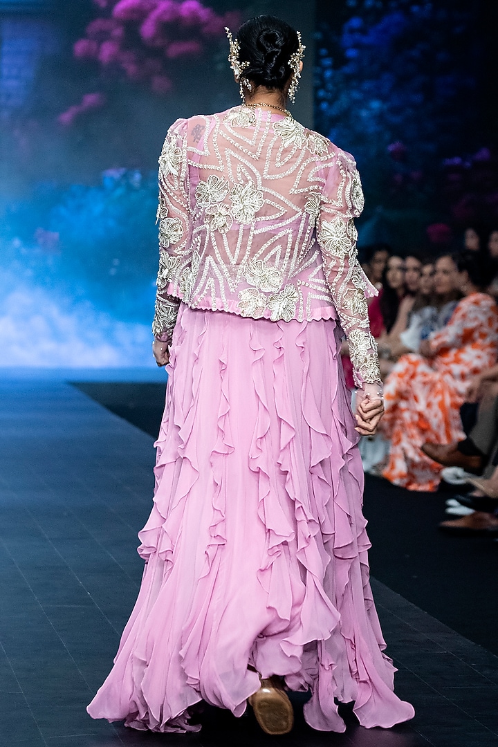 Mauve Pink Raw Silk & Georgette Ruffled Skirt Set by Anu Pellakuru at Pernia's Pop Up Shop