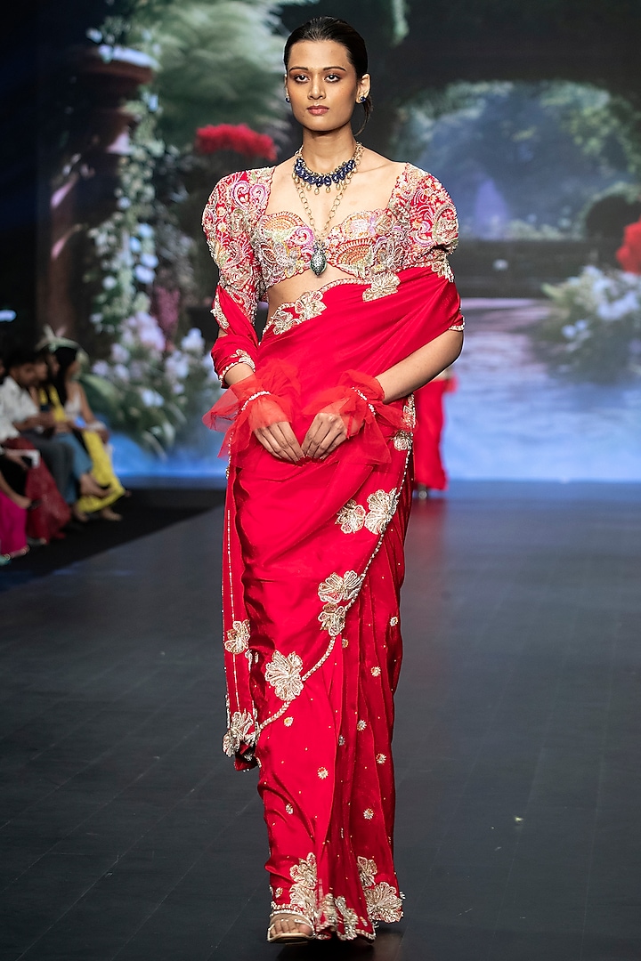 Bright Red Pure Silk Zardosi Hand Embroidered Saree Set by Anu Pellakuru at Pernia's Pop Up Shop