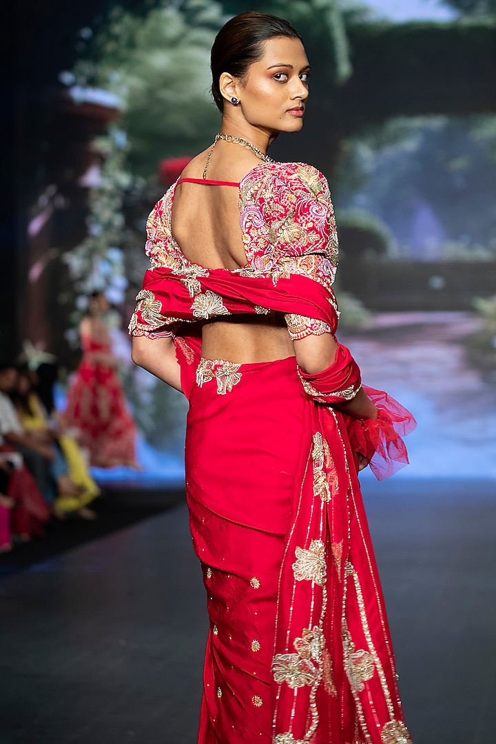 Bright Red Pure Silk Zardosi Hand Embroidered Reception Saree Set by Anu Pellakuru at Pernia's Pop Up Shop