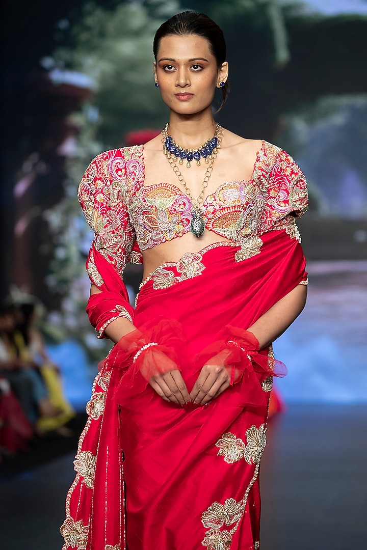 Bright Red Pure Silk Zardosi Hand Embroidered Reception Saree Set by Anu Pellakuru at Pernia's Pop Up Shop