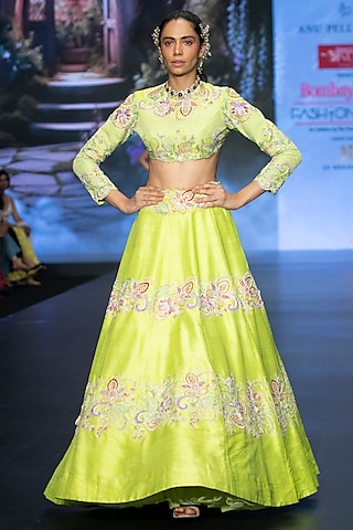 Lime Green Raw Silk Floral Hand Embroidered Lehenga Set by Anu Pellakuru
