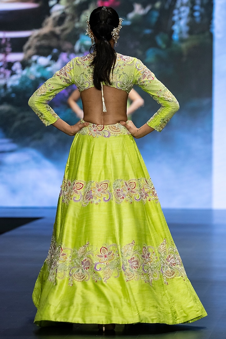 Lime Green Raw Silk Floral Hand Embroidered Bridal Lehenga Set by Anu Pellakuru at Pernia's Pop Up Shop