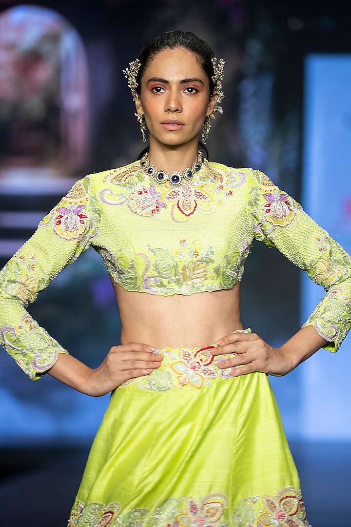 Lime Green Raw Silk Floral Hand Embroidered Bridal Lehenga Set by Anu Pellakuru at Pernia's Pop Up Shop