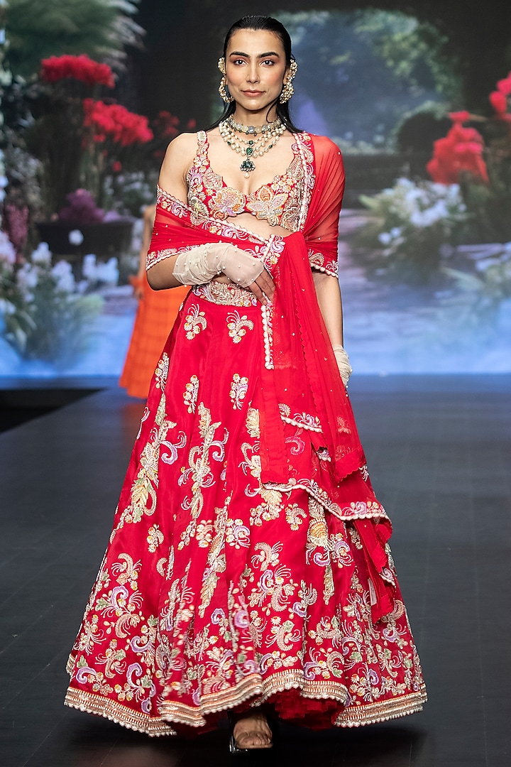 Bright Red Satin Organza Floral Hand Embroidered Bridal Lehenga Set by Anu Pellakuru at Pernia's Pop Up Shop