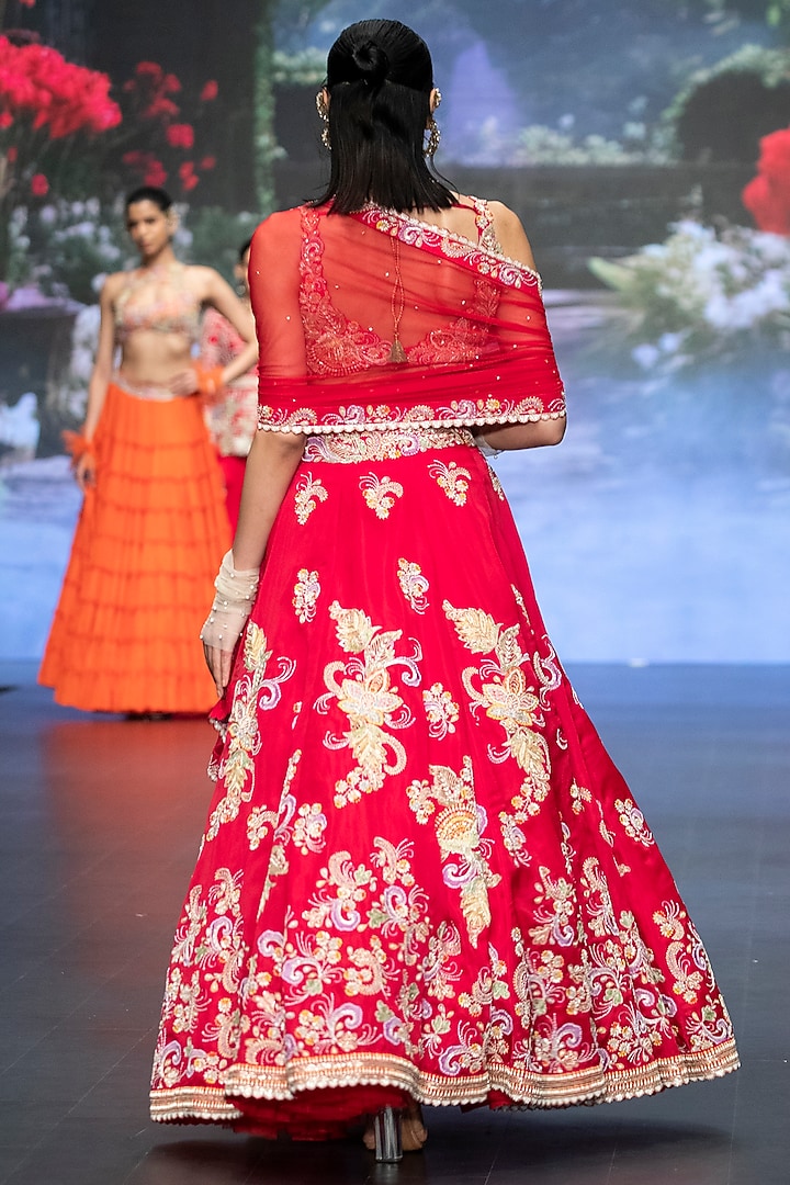 Bright Red Satin Organza Floral Hand Embroidered Bridal Lehenga Set by Anu Pellakuru at Pernia's Pop Up Shop