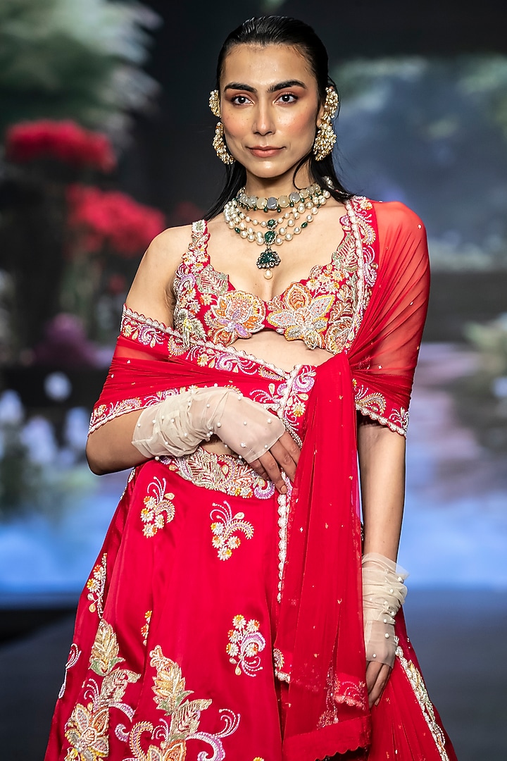 Bright Red Satin Organza Floral Hand Embroidered Bridal Lehenga Set by Anu Pellakuru at Pernia's Pop Up Shop