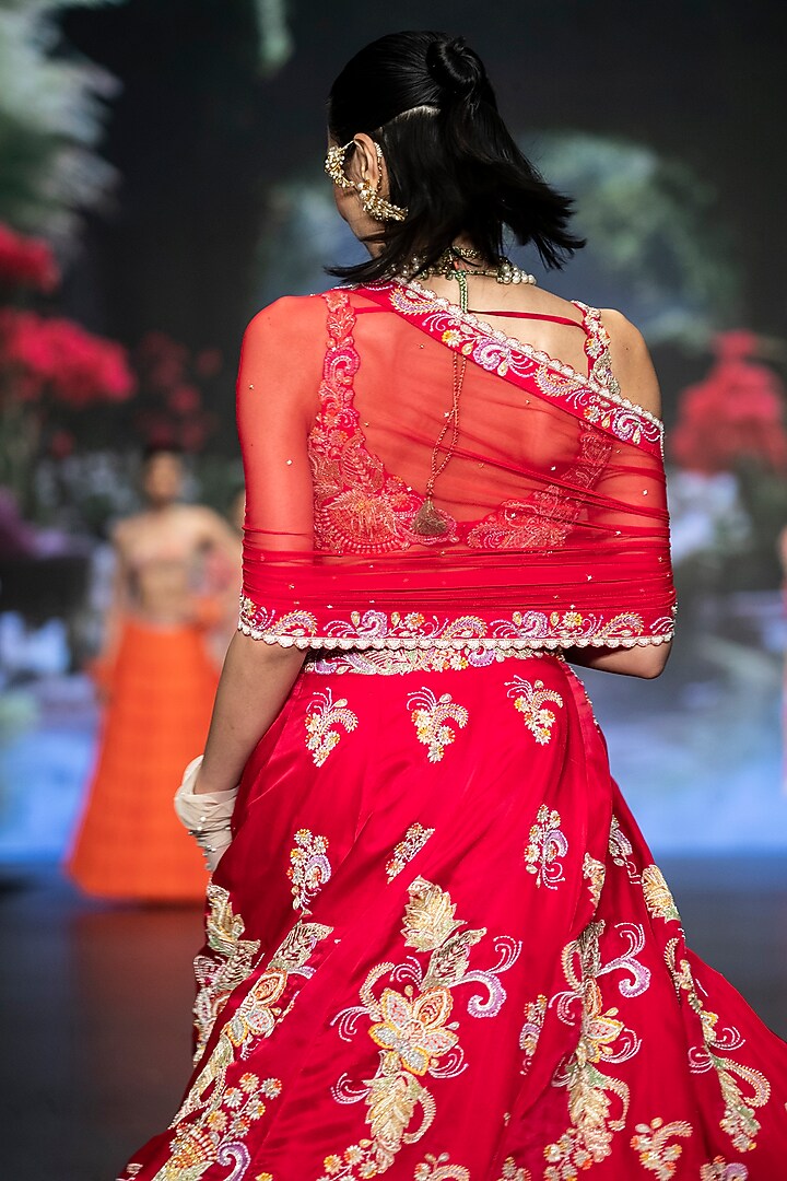 Bright Red Satin Organza Floral Hand Embroidered Bridal Lehenga Set by Anu Pellakuru at Pernia's Pop Up Shop