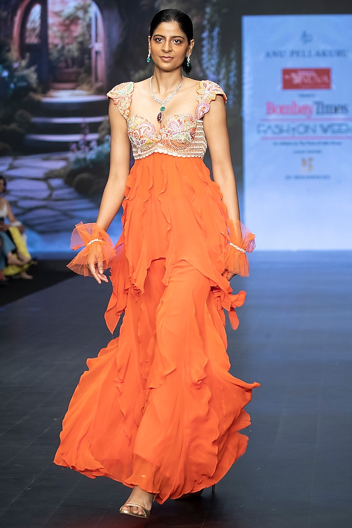 Orange Raw Silk Hand Embroidered Anarkali Set by Anu Pellakuru at Pernia's Pop Up Shop