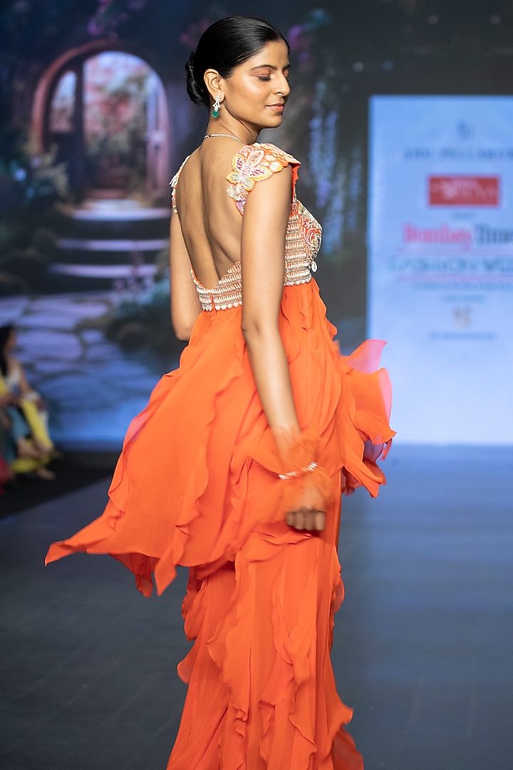 Orange Raw Silk Hand Embroidered Wedding Anarkali Set by Anu Pellakuru at Pernia's Pop Up Shop