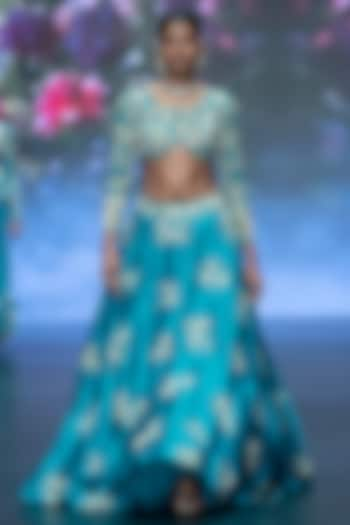 Turquoise Satin Organza Zardosi Hand Embroidered Wedding Lehenga Set by Anu Pellakuru at Pernia's Pop Up Shop