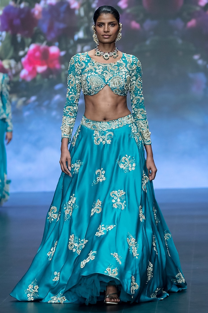 Turquoise Satin Organza Zardosi Hand Embroidered Wedding Lehenga Set by Anu Pellakuru at Pernia's Pop Up Shop