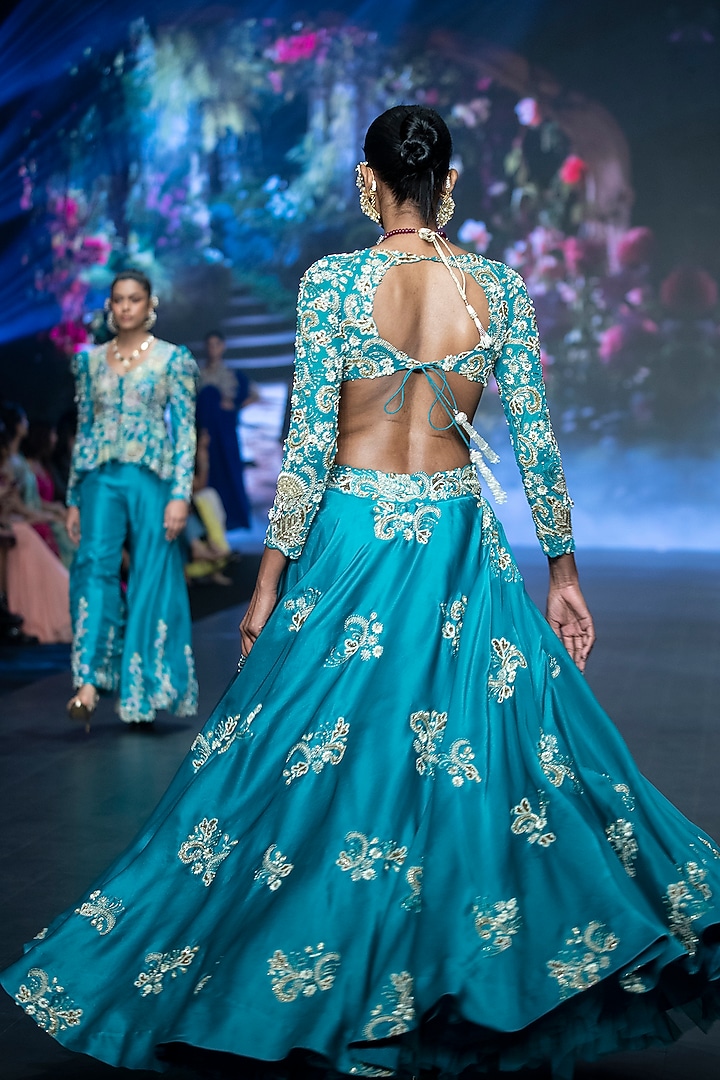 Turquoise Satin Organza Zardosi Hand Embroidered Bridal Lehenga Set by Anu Pellakuru at Pernia's Pop Up Shop