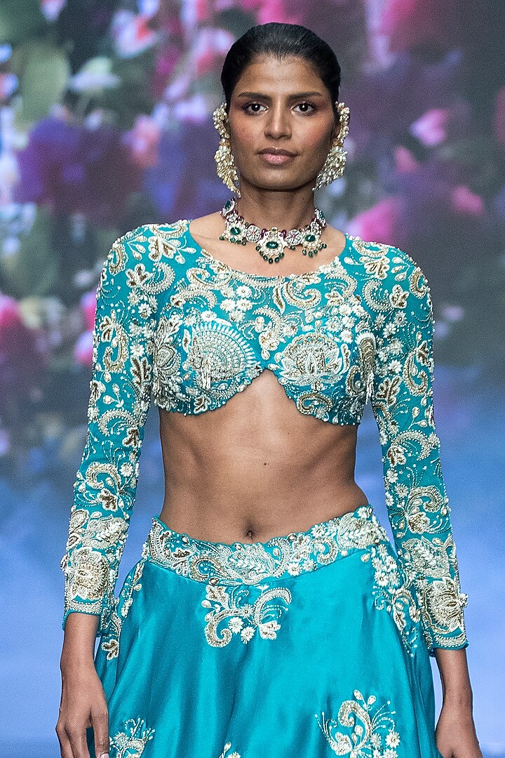 Turquoise Satin Organza Zardosi Hand Embroidered Bridal Lehenga Set by Anu Pellakuru at Pernia's Pop Up Shop