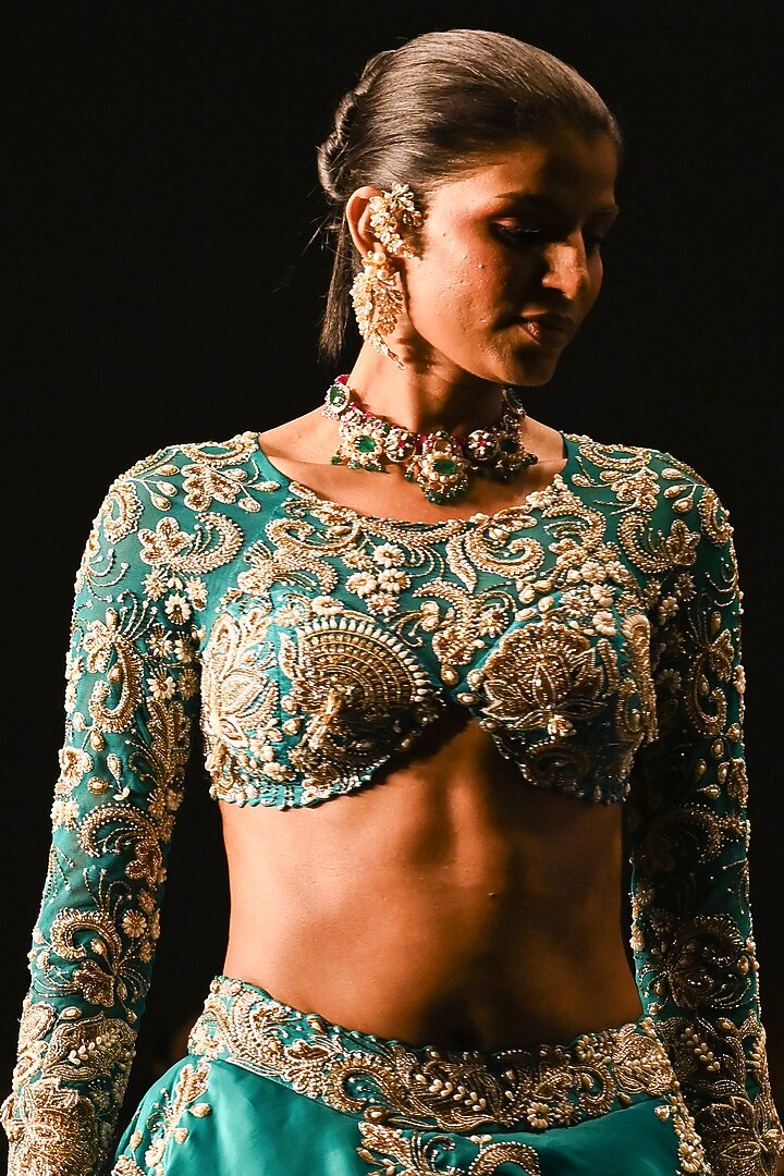 Turquoise Satin Organza Zardosi Hand Embroidered Bridal Lehenga Set by Anu Pellakuru at Pernia's Pop Up Shop