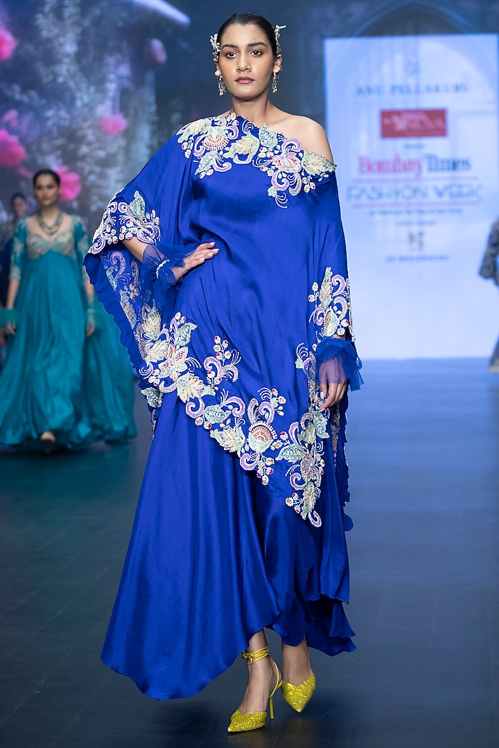 Royal Blue Pure Silk Floral Hand Embroidered One Shoulder Kaftan Set by Anu Pellakuru at Pernia's Pop Up Shop