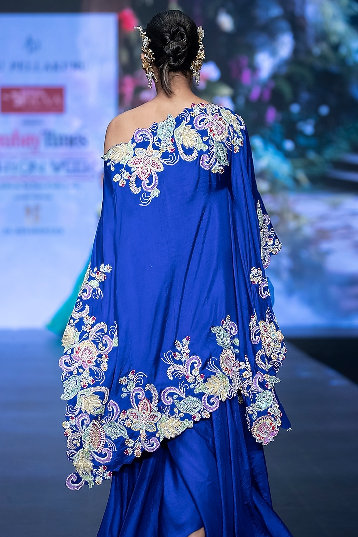 Royal Blue Pure Silk Floral Hand Embroidered One Shoulder Kaftan Set by Anu Pellakuru at Pernia's Pop Up Shop