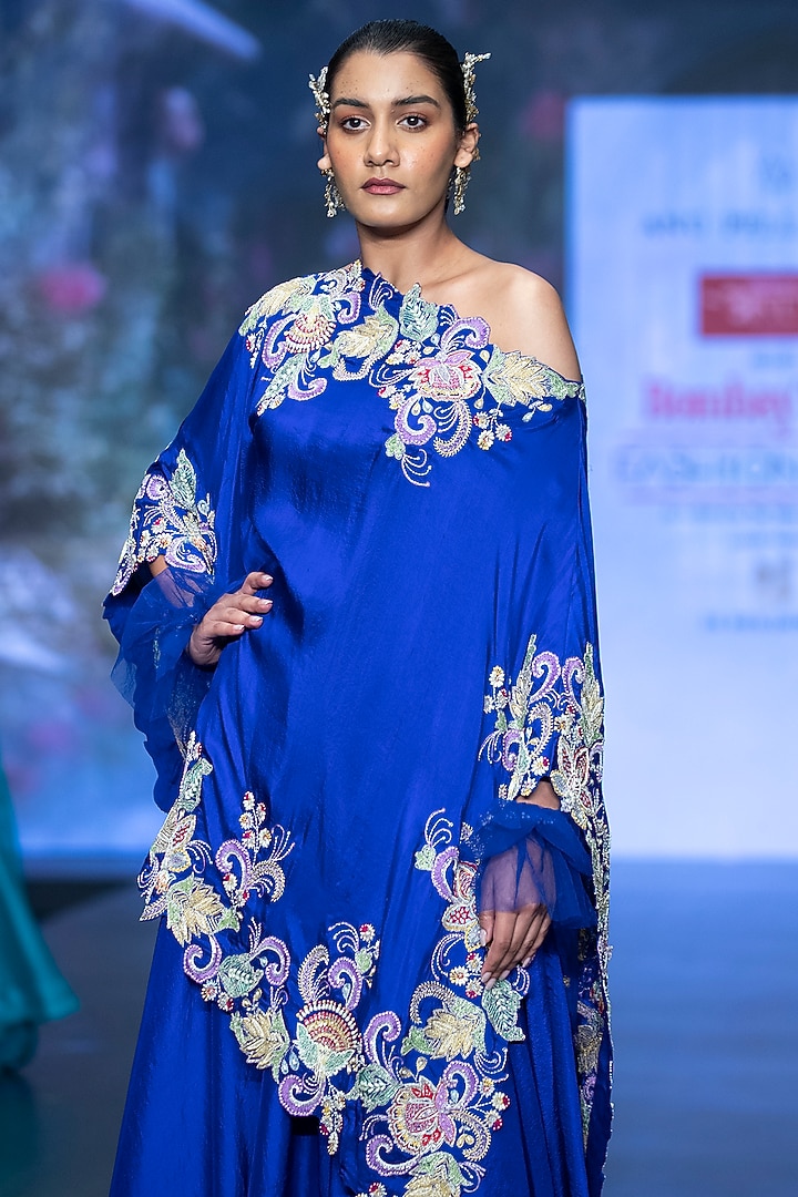 Royal Blue Pure Silk Floral Hand Embroidered One Shoulder Kaftan Set by Anu Pellakuru at Pernia's Pop Up Shop