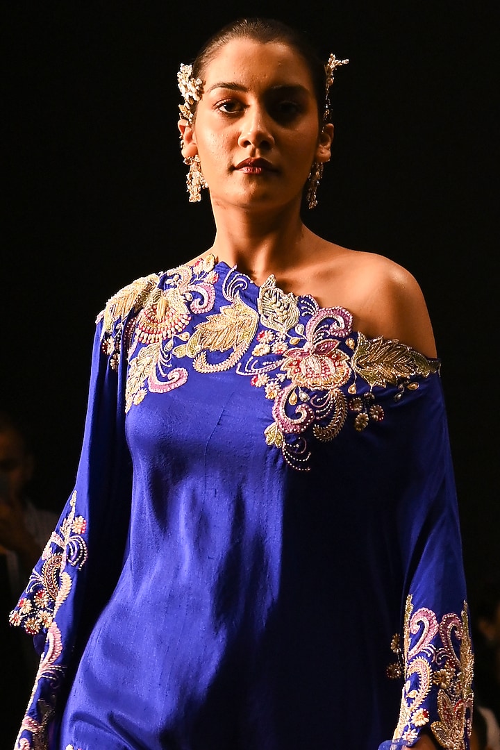 Royal Blue Pure Silk Floral Hand Embroidered One Shoulder Kaftan Set by Anu Pellakuru at Pernia's Pop Up Shop