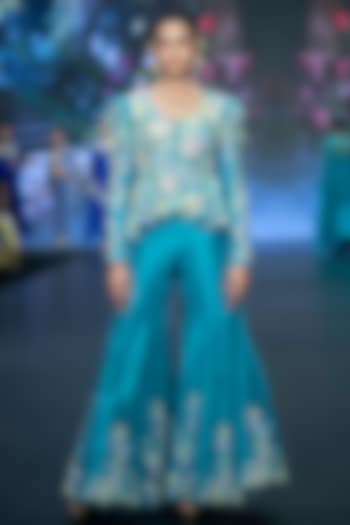 Turquoise Blue Raw Silk Floral Hand Embroidered Jacket Set by Anu Pellakuru at Pernia's Pop Up Shop