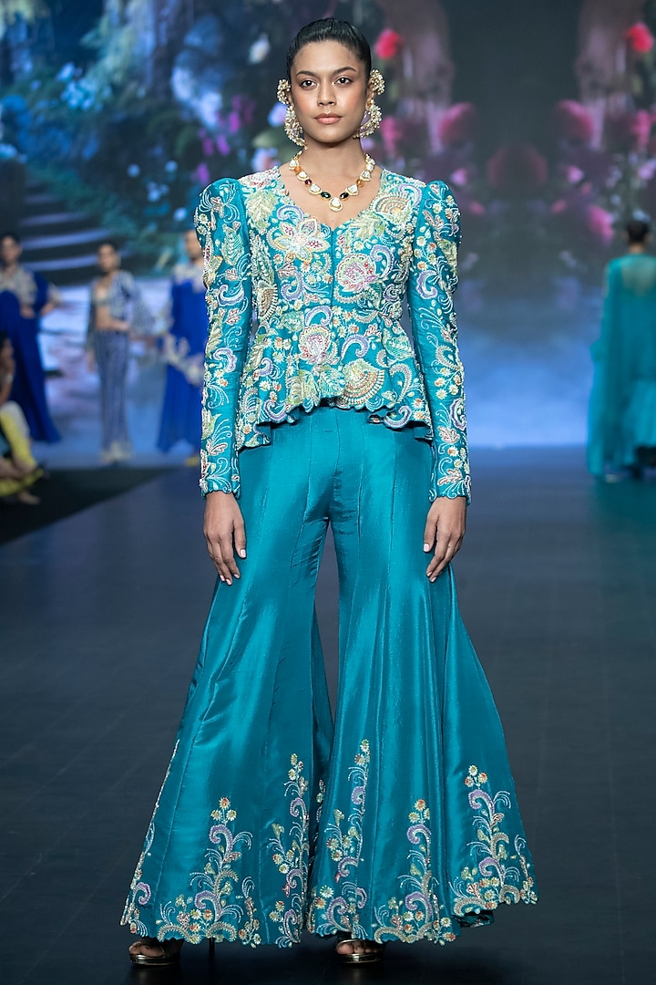 Turquoise Blue Raw Silk Floral Hand Embroidered Jacket Set by Anu Pellakuru at Pernia's Pop Up Shop