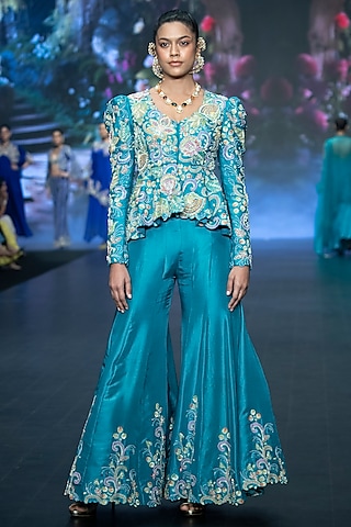 Turquoise Blue Raw Silk Floral Hand Embroidered Jacket Set by Anu Pellakuru