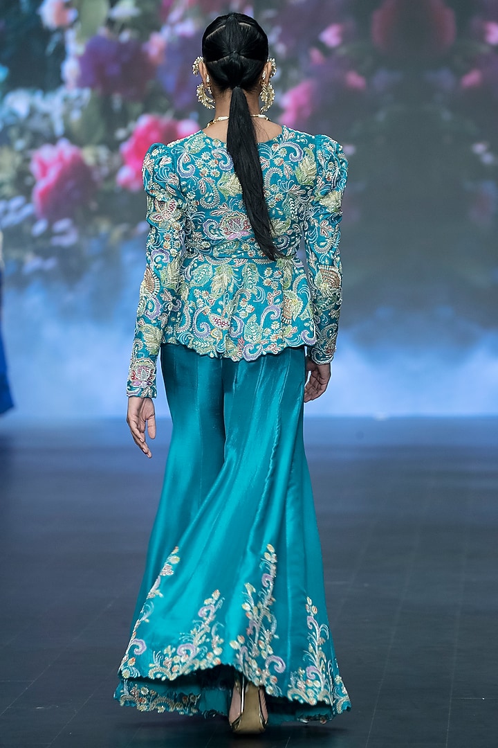 Turquoise Blue Raw Silk Floral Hand Embroidered Jacket Set by Anu Pellakuru at Pernia's Pop Up Shop