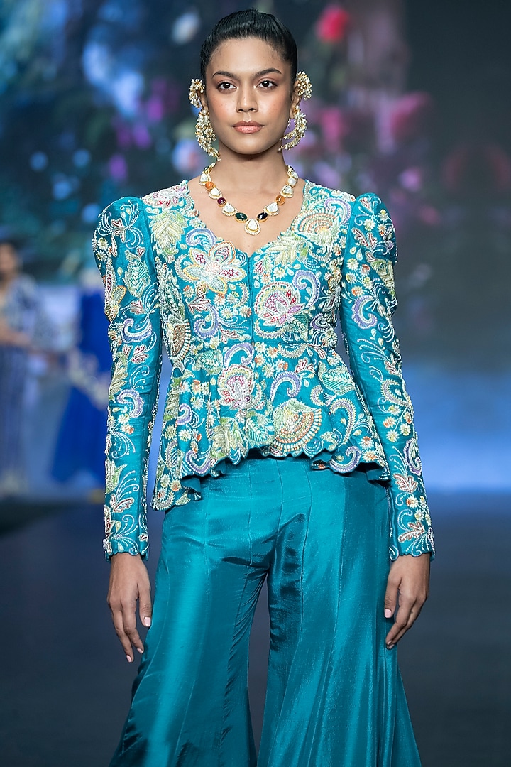 Turquoise Blue Raw Silk Floral Hand Embroidered Jacket Set by Anu Pellakuru at Pernia's Pop Up Shop