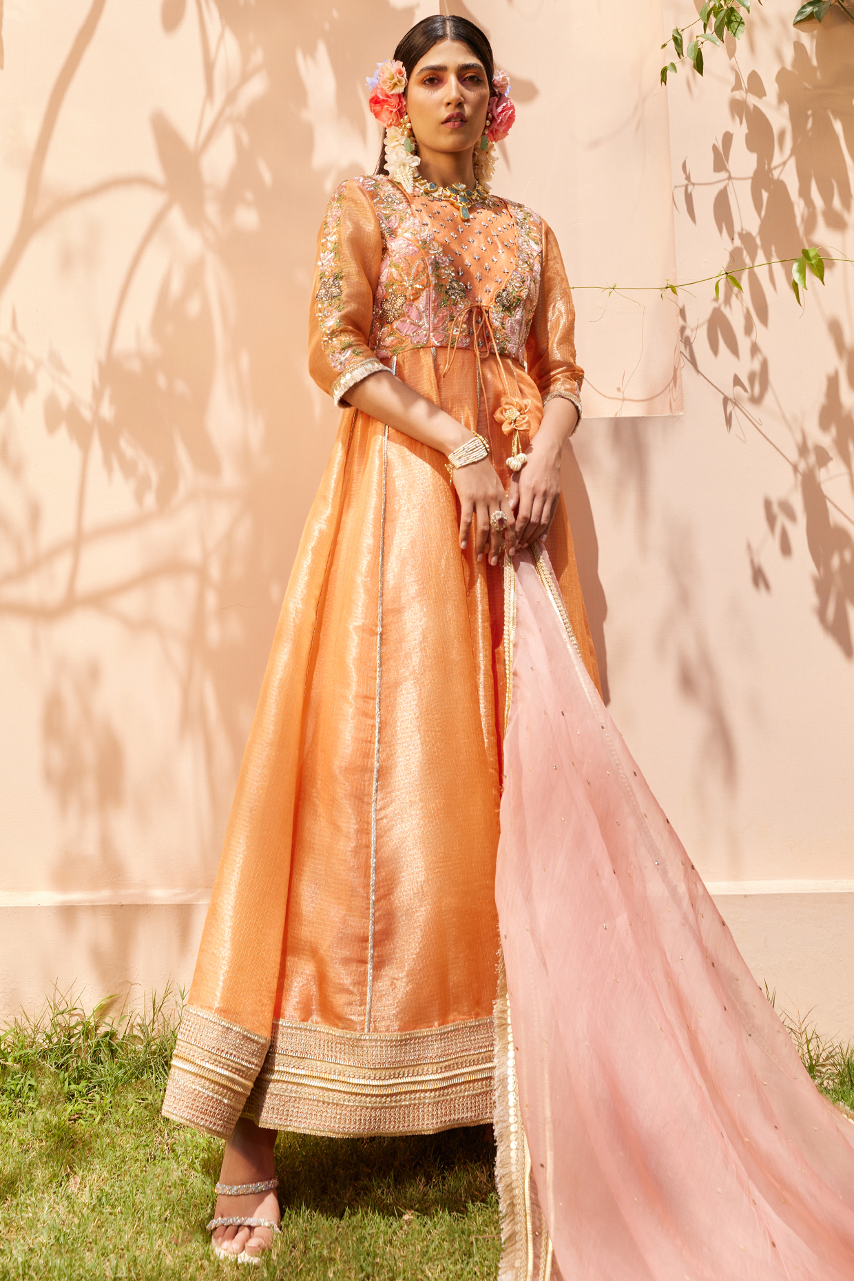 Orange Kota Embroidered Wedding Anarkali Set by Anu Pellakuru at Pernia's Pop Up Shop