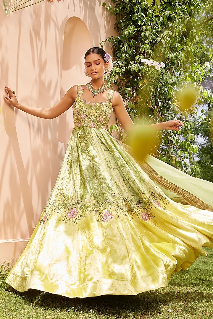 Green & Yellow Velvet Embroidered Anarkali Set by Anu Pellakuru