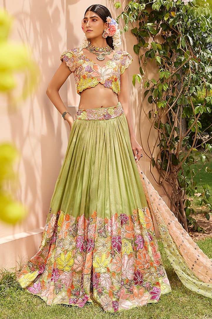 Green Kota Embroidered Bridal Lehenga Set by Anu Pellakuru at Pernia's Pop Up Shop