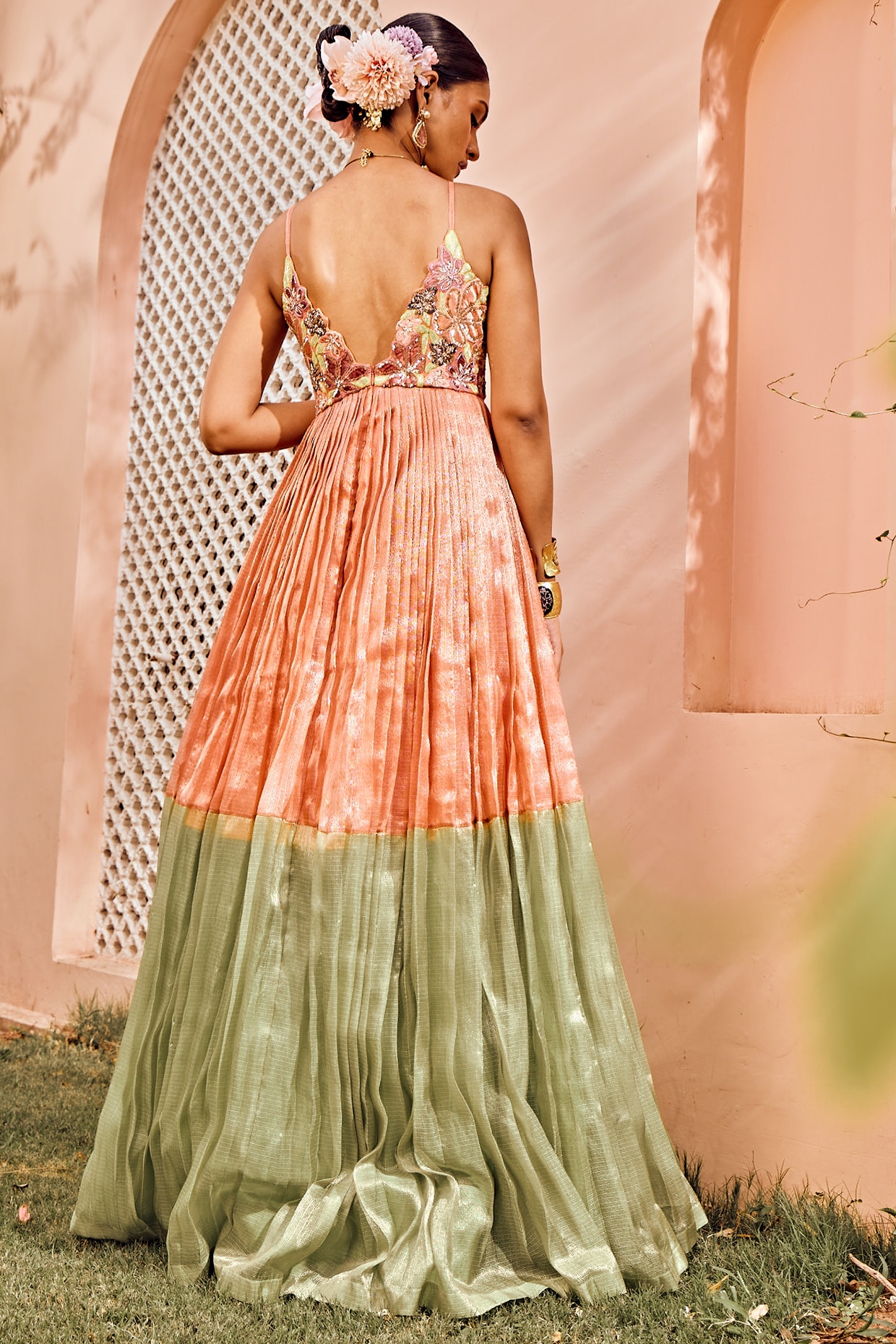 Peach and hot sale green dress