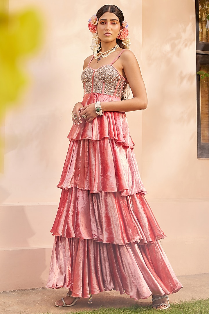 Pink Velvet Layered Gown by Anu Pellakuru