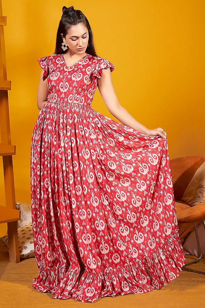 Red Hand Embroidered Gown by Anu Pellakuru