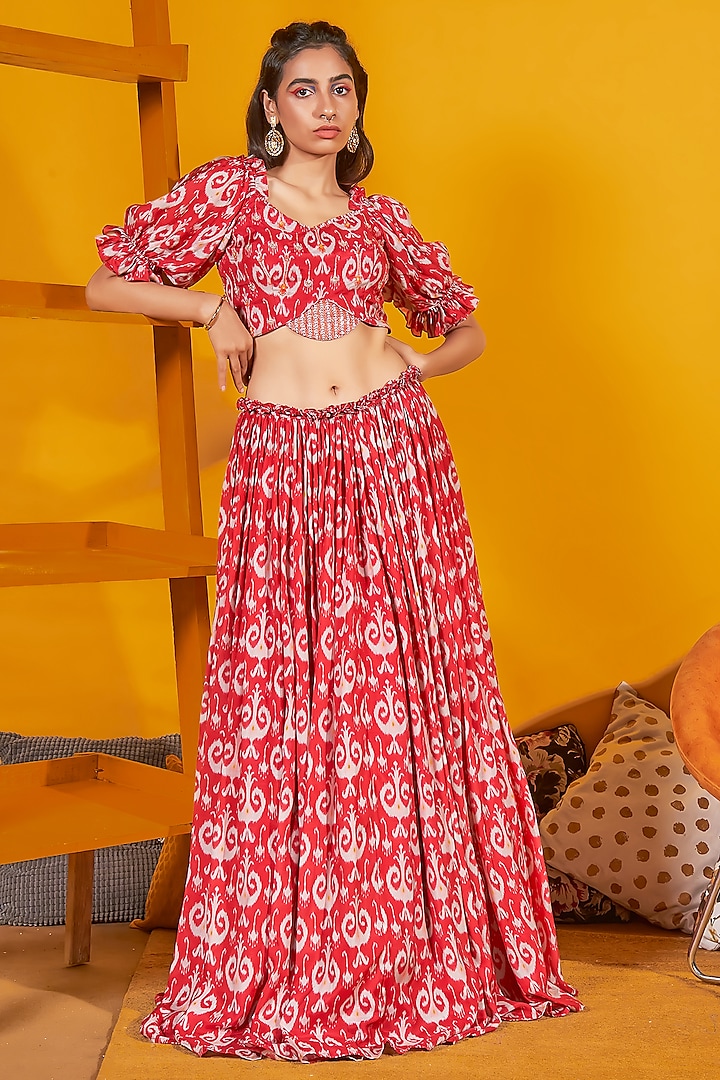 Red Muslin Silk Skirt Set by Anu Pellakuru