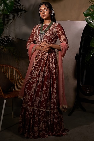 Brown Embroidered Maxi Dress With Dupatta by Anu Pellakuru
