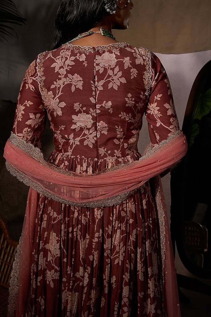 Brown Embroidered Maxi Cocktail Dress With Dupatta by Anu Pellakuru at Pernia's Pop Up Shop