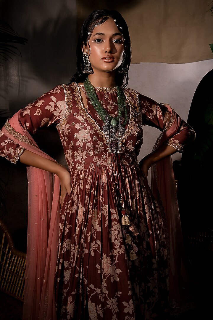 Brown Embroidered Maxi Cocktail Dress With Dupatta by Anu Pellakuru at Pernia's Pop Up Shop