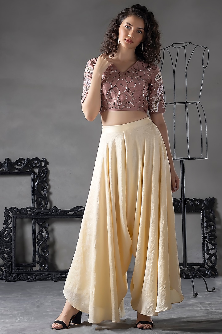 Cream Linen Silk Low Crotch Pant Set by Anu Pellakuru